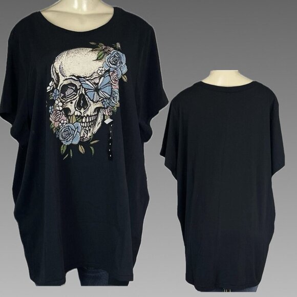Torrid +5 Black Crew Cotton Floral Butterfly Skull Stud Graphic Short Sleeve Tee - Picture 1 of 6